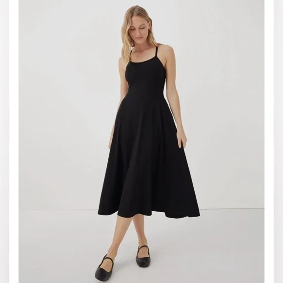 Pact | Dresses | Pact Black Fit Flare Midi Dress W Built In Shelf Bra  Pockets Nwot | Poshmark